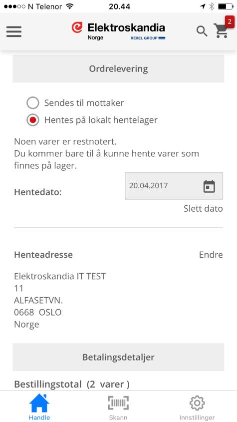 Kassen del leveringsmetode 9 8 7. Velg Sendes til mottaker om du vil at varene skal sendes til deg. Velg Endre for å endre leveringsadresse.