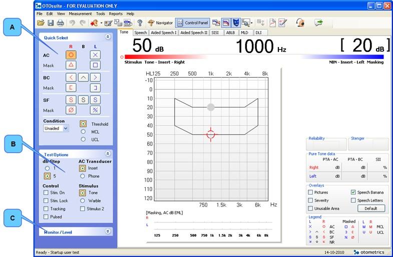 13 Utføre toneaudiometri 13 Utføre toneaudiometri A. Hurtigvalgpanel B. Testalternativer-panel C.