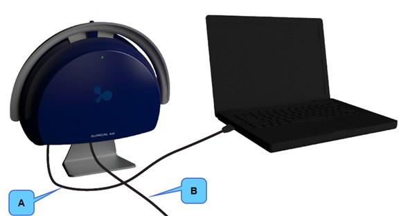 Ekstern strømforsyningskabel Koble til OTOsuite Kjør Konfigurasjonsveilederen for OTOsuite for å koble til og sette opp kommunikasjon med AURICAL Aud: Velg Verktøy > Konfigurasjonsveiviser (Tools >