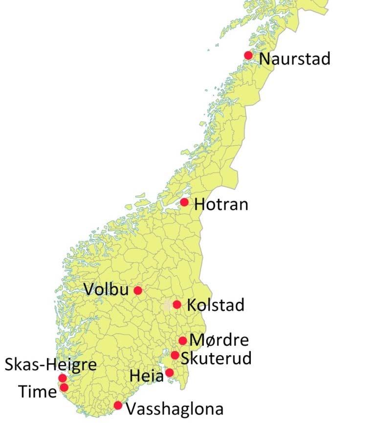 2 Metoder 2.1 Overvåkingsfelt I 215/216 omfattet overvåkingen 1 felt lokalisert i ulike deler av landet (figur 2.1).