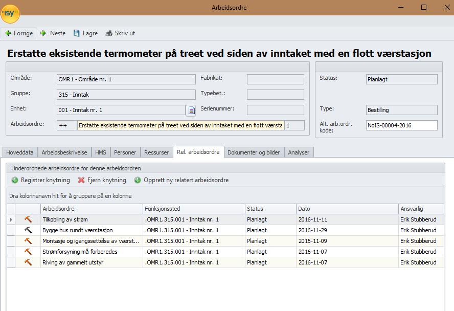 På arkfane for relaterte arbeidsordrer kan det legges inn relasjonen mot ulike typer bestillinger / arbeidsordrer.