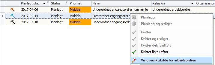 4 Oversikt og oppfølging For å forenkle oppfølgingen av relaterte arbeidsordre er arbeidsordrelisten utvidet med kolonne Relasjon som angir om arbeidsordren er knyttet til andre arbeidsordre.