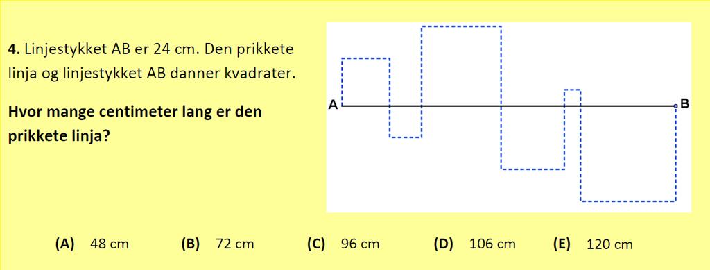 Eks nøkkelspørsmål Nøkkelspørsmål: Alle ser at den prikkede linja må være lengre enn 24 cm! Men hvor mye lengre er den? For å klare å løse denne oppgaven må elever kjenne egenskaper til kvadratet.