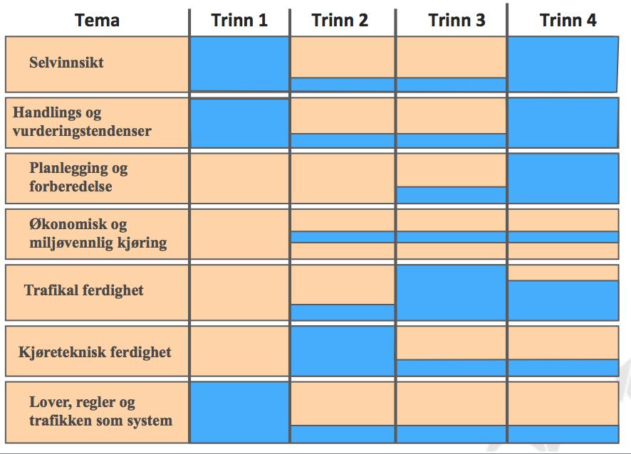 I den norske opplæringsmodellen deles disse temaene inn i fire ulike trinn. Tanken er at eleven må ha gode forutsetninger på ett trinn for å kunne gå over til neste trinn.