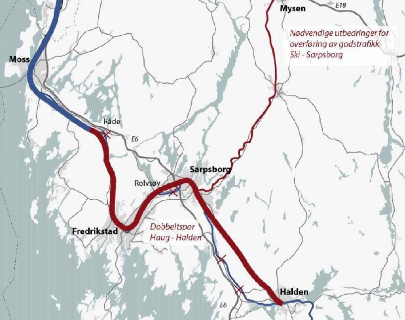 12 av 64 Konseptet innebærer utbygging av dobbeltspor på strekningen mellom Haug i Råde og Halden.