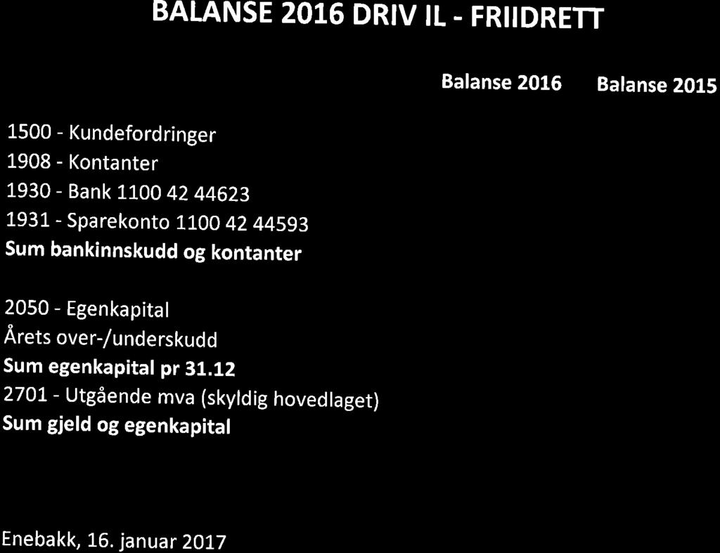 BALANSE 20T6 DRIV IL - FRIIDRETT Balanse 2016 Balanse 2015