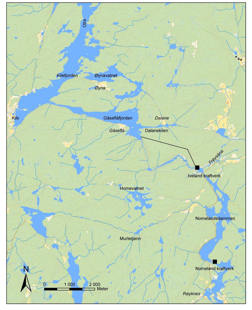 2 Materiale og metode Figur 1 viser det aktuelle området av Otra der utbyggingen av Iveland