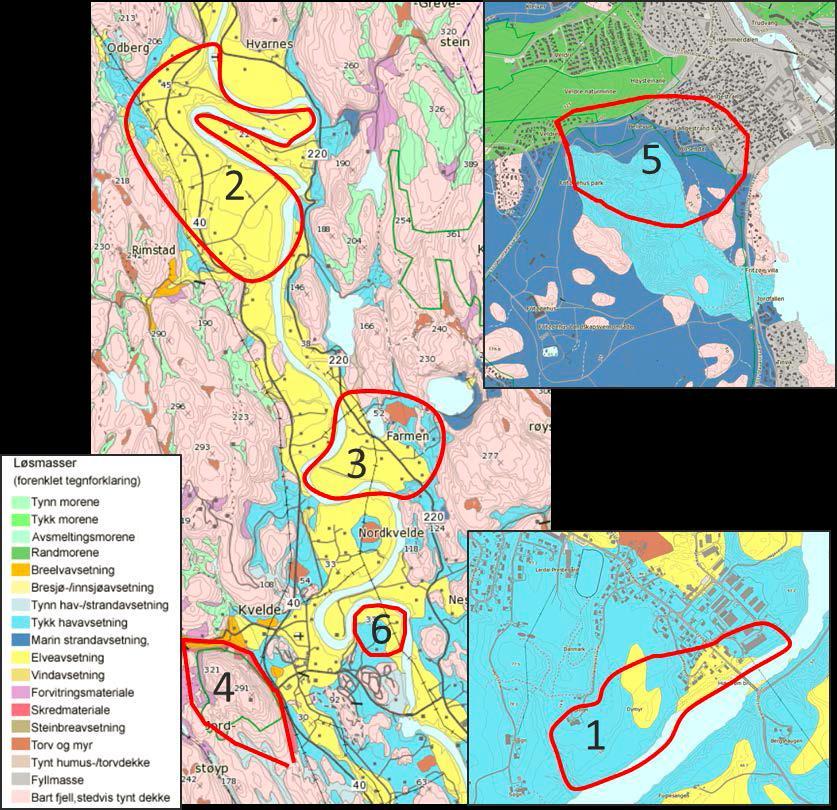 Eks: Skredtyper og områder Kvikkleireskred (under marin grense) 1. Hukstrøm bru, Svarstad 5. Fritzøeparken og Rosendal 6. Kvelde Jordskred 2. Odbergneset 3.