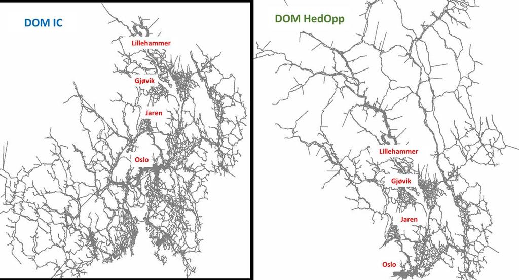 TRANSPORTANALYSE RV4/GJØVIKBANEN 17 Figur 2.1-1: Området som dekkes av transportmodellene DOM HedOpp og DOM IC 2.1.2 Sammenligning av modell og tellinger Nedenfor er modellenes resultater vist for 14 tellepunkter på E6, rv.