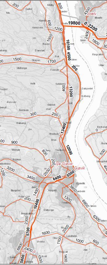 TRANSPORTANALYSE RV4/GJØVIKBANEN 27 Ref. 2: ÅDT 2022 Raufoss-Moelv Kon. 2: ÅDT 2022 Raufoss-Moelv Figur 3.1-8: Gjennomgående konsept 2 (t.h.) og referanse. Begge med ÅDT i 2022.