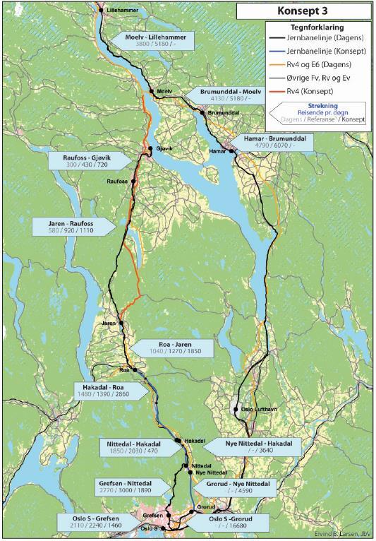 TRANSPORTANALYSE RV4/GJØVIKBANEN 34 Togtrafikk i gjennomgående konsept 3 Figur 3.1-14 viser beregnet antall togpassasjerer pr.