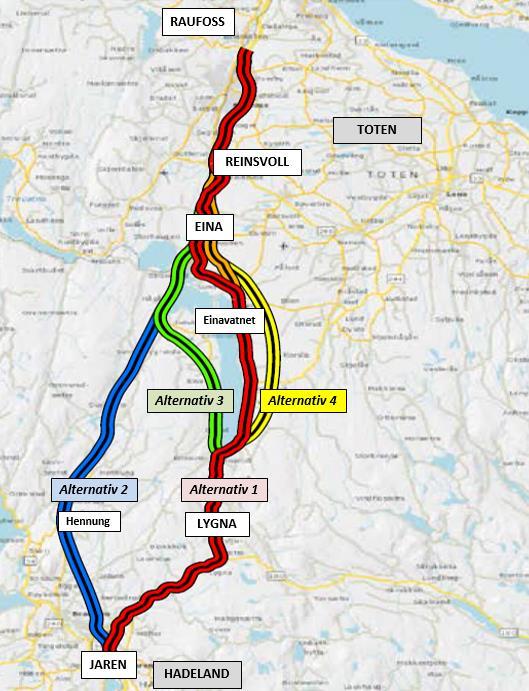 TRANSPORTANALYSE RV4/GJØVIKBANEN 53 Figur 4.2-2: Fire vegalternativer på strekningen Jaren - Raufoss 1. Alternativ 1 er utbedring av eksisterende rv.