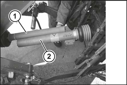 Første igangsettelse 6 Tilpasse kraftoverføringsaksel 6.3 Kategori III (kat. III) Stikk toppstagbolten (1) inn i posisjon (I) eller (II) og gjennom kulehylsen kat. III (2).
