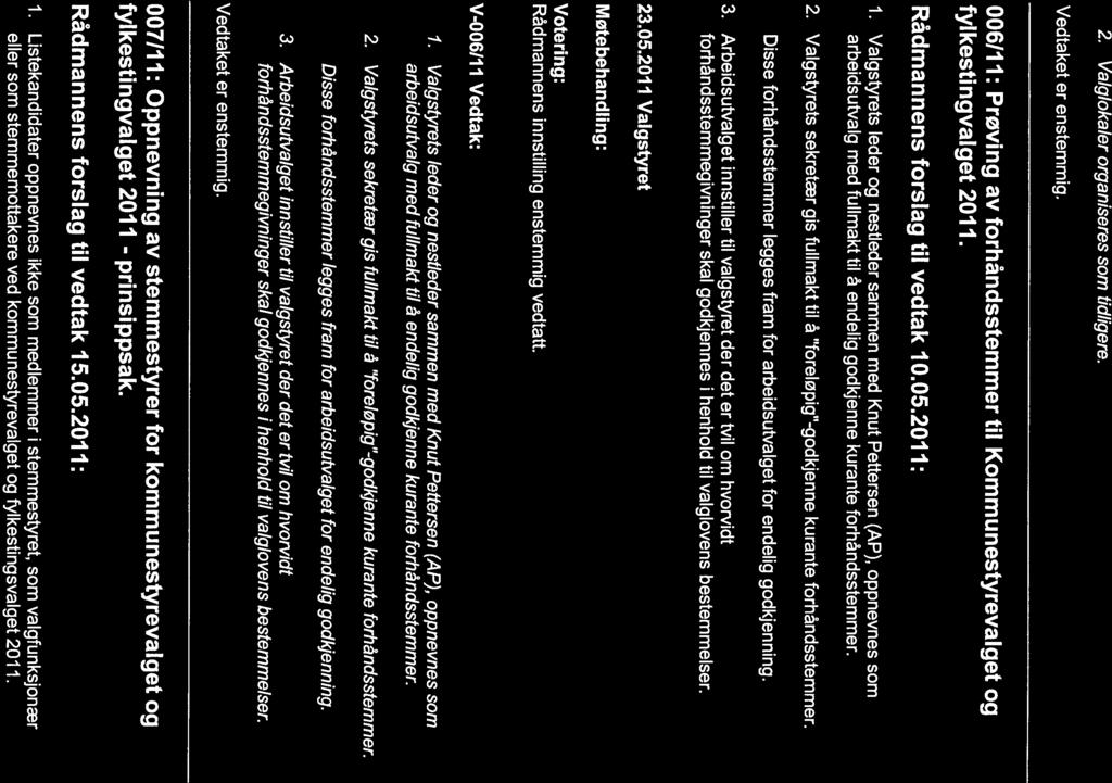2. Valgiokaler organiseres som tidligere. Vedtaket er enstemmig. 006111: Prøving av forhåndsstemmer til Kommunestyrevalget og fylkestingvalget 2011. Rådmannens forslag til vedtak 10.05.2011: 1.