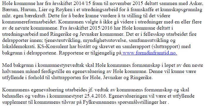 Alternativer a) Felles kommune av alle tre b) Ringerike og Jevnaker som ny kommune og Hole for seg c) Hver for seg Vurderinger etter reformens mål Bærekraftige og økonomisk robuste kommuner Ringerike