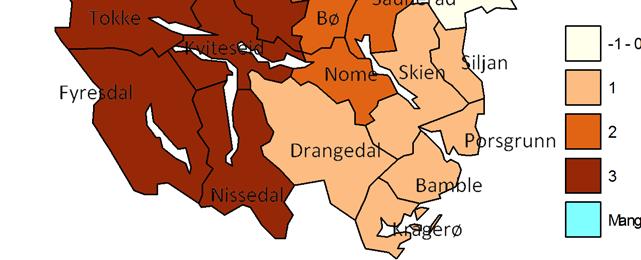 -1-0 1 2 3 Nedre Telemark Midtre Telemark Øvre Telemark Mangler data Figur 2.1 Kart: Regioninndeling, «Øvre Telemark», «Midtre Telemark» og «Nedre Telemark» 2.