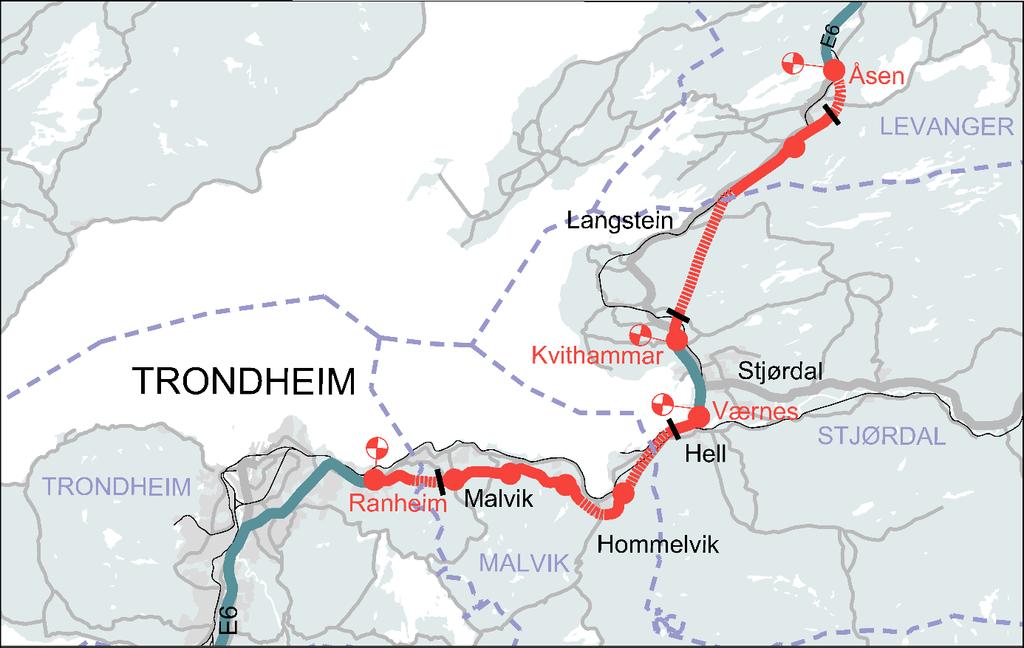 Åsen. Slik planene foreligger vil dette bety følgende prinsipielt plasserte bomsnitt: 1. På ny E6 ved Leistad - like øst for Væretunnelen 2. På ny E6 ved Hell - like øst for Helltunnelen 3.