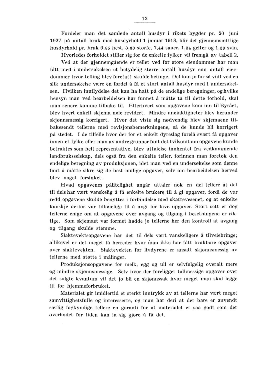 12 Fotdeler man det samlede antall husdyr i rikets bygder pr. 20 juni 1927 på antall bruk med husdyrhold 1 januar 1918, blir det gjennemsnittlige husdyrhold pr.