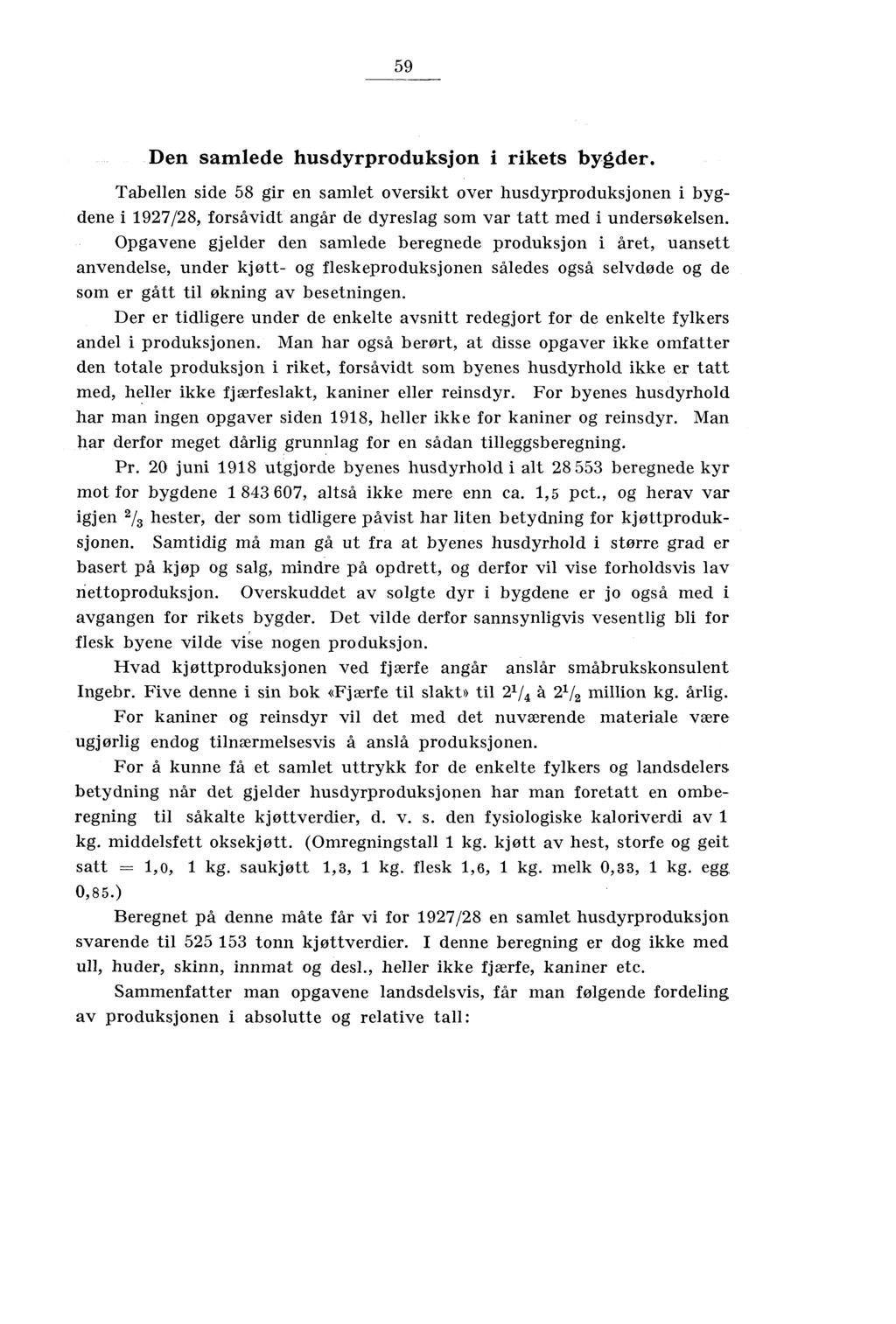 59 Den samlede husdyrproduksjon i rikets bygder. Tabellen side 58 gir en samlet oversikt over husdyrproduksjonen i bygdene i 1927/28, forsåvidt angår de dyreslag som var tatt med i undersøkelsen.