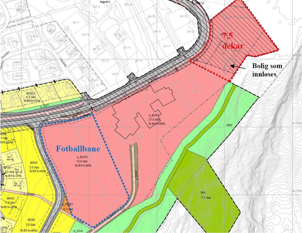 Areal til skoleutvidelse og fotballbane: For å sikre areal til mulig fremtidig utvidelse av Saga skole mot nord foreslås det i planforslaget å innløse den private boligeiendommen 38/1/38 tilhørende