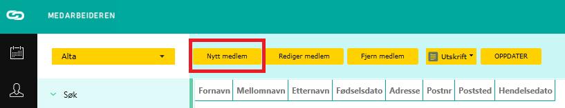 5. Registrere nytt medlem Registrering av nye medlemmer gjøres ved å trykke på knappen «Nytt medlem» i knapperaden se bildet under: Da kommer en inn i registreringsvinduet vist under: Her legger en