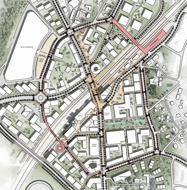 Oversiktstegning som viser hvordan sentrum kan komme til å se ut når den felles offentlige infrastruktur er utbygget.