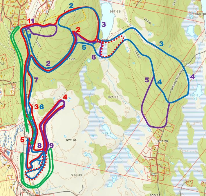 Oppvarmingsløyper lørdag Oppvarmingsløype og grønn heltrukket løype ved siden