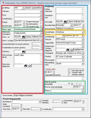 Figur 3-1: Registreringsprosessen i DIPS 11 Forklaring til figuren: Rød side: «Merkantilt felt»: Fylles ut av merkantilt personell ved mottak av henvisningen. Kontorpersonell må også fylle ut «Henv.