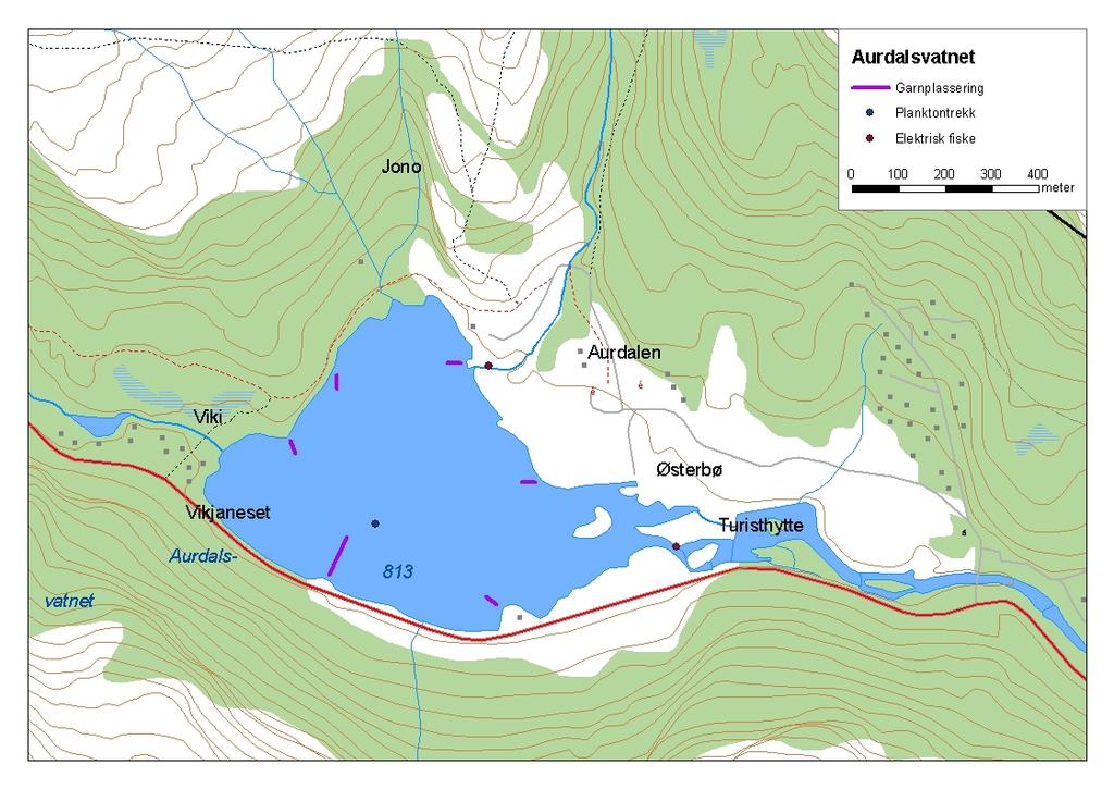 ..3 Aurdalsvatnet Aurdalsvatnet (innsjønummer 599) ligg i Aurlandsvassdraget i Aurland kommune (figur ). Vatnet har fått redusert vassføring som fylgje av reguleringar lengre oppe i vassdraget.