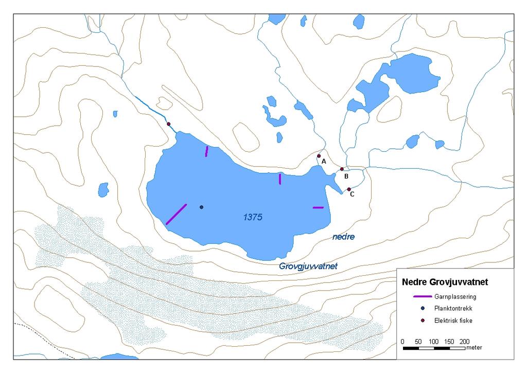 ..7 Nedre Grovjuvvatnet Nedre Grovjuvvatnet (innsjønummer 689) ligg i Aurlandsvassdraget i Aurland kommune (figur ). Vatnet er,6 km² stort og ligg 375 moh.