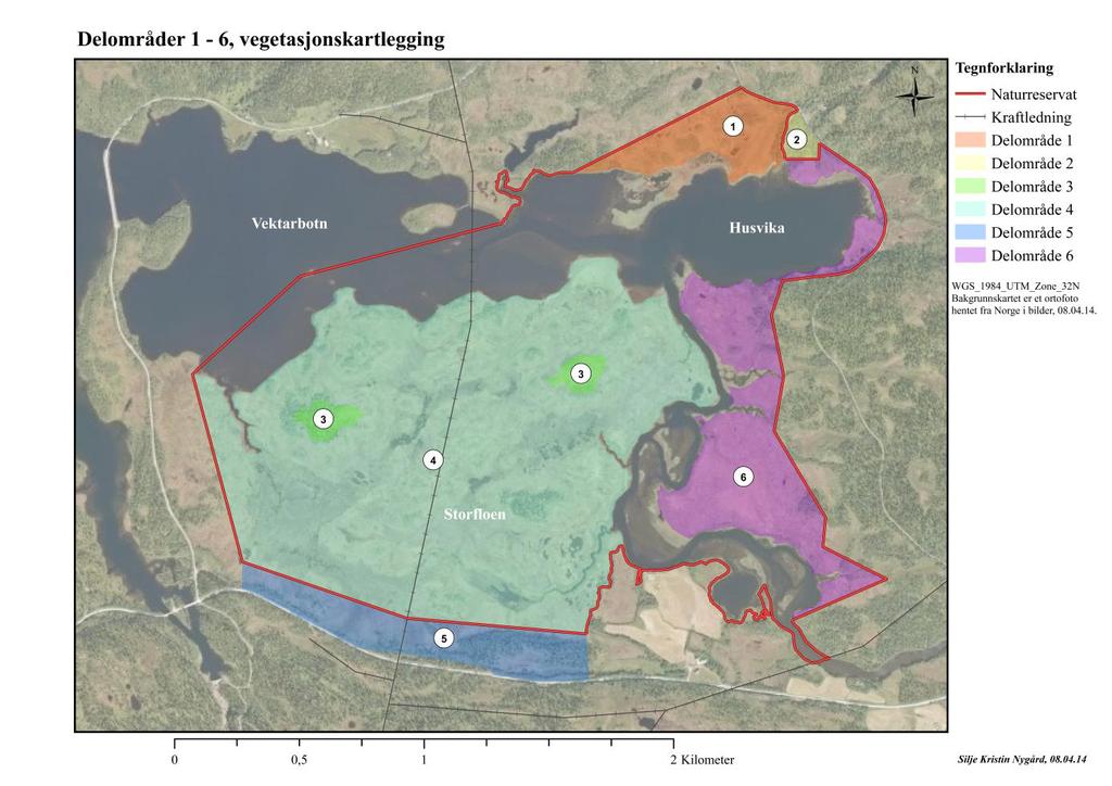 Figur 4: Delområde 1-6 ved utført vegetasjonskartlegging i 2013. Stort kart ligger som vedlegg 8. 3.4.2 Fugleregistrering Under kartleggingen av fugl ble det lagt vekt på å gjennomføre en totalkartlegging av arter som finnes i verneområdet og kantsonene, dette kalles «Stock-taking» (Bibby m.