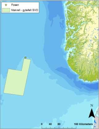 Brønnlokasjon for brønn (markert med stjerne) sett i forhold til nærmeste tobisområder (til venstre) og gyteområde for makrell (til høyre), definert som særlig verdifulle og sårbare områder i