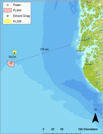 brønn på lisens 544 Figur 9-1. Lokasjon til brønn i sett i forhold til Edvard Grieg-feltet (PL338) og nærmeste landområde (Utsira). 9.2.