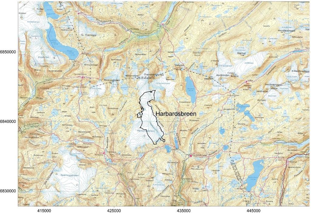 Figur 55 Brefeltet på Harbardsbreen som drenerer østover til Fivlemyrane er homogenisert. 3.