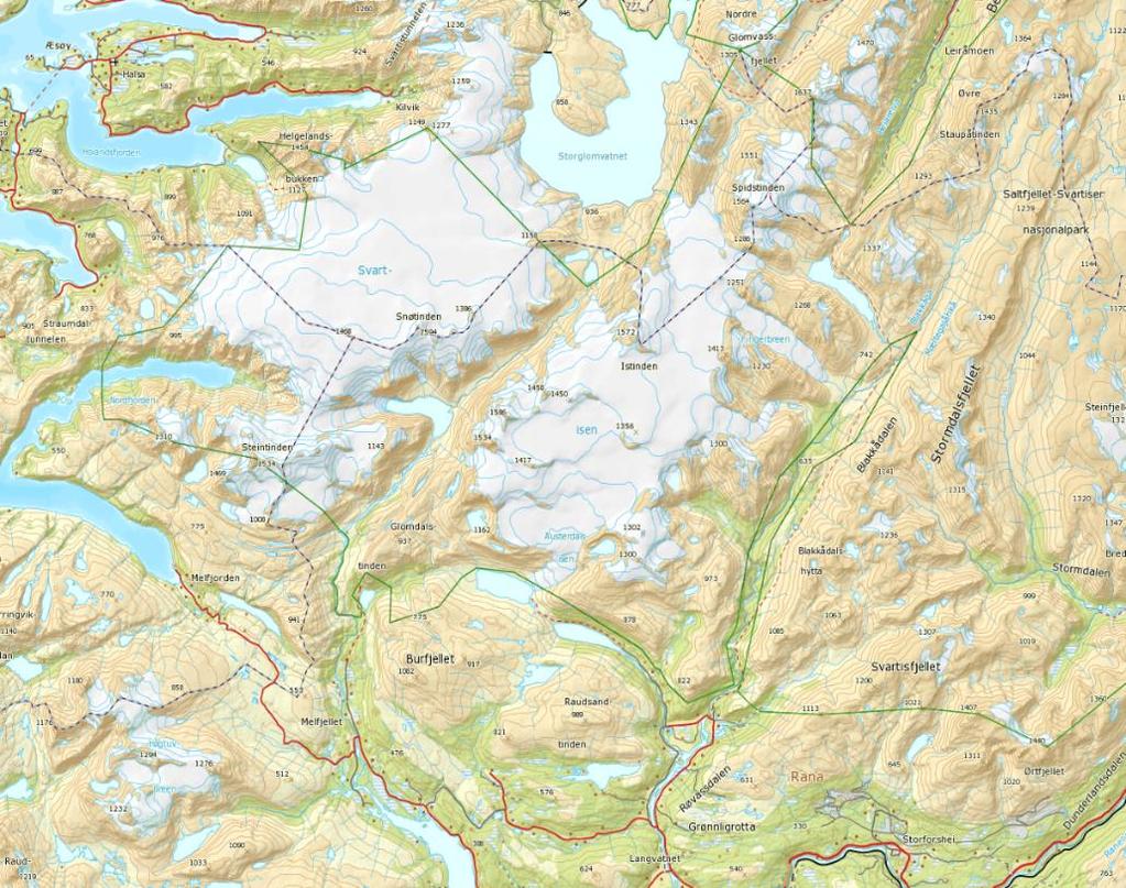 Trollbergdalsbreen Engabreen Vestre Svartisen Østre Svartisen Svartisheibreen Høgtuvbreen Figur 74 I Svartisenområdet er brefeltene Høgtuvbreen, Svartisheibreen og Trollbergdalsbreen homogenisert. 3.