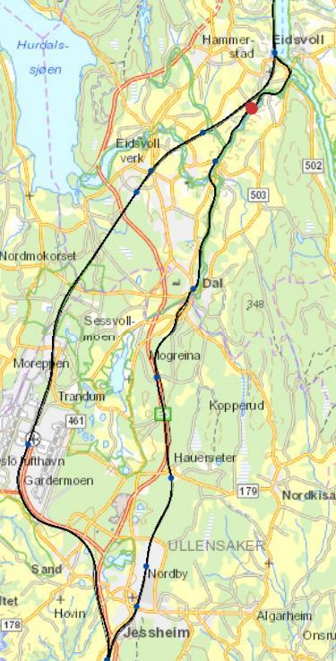 Statens havarikommisjon for transport Side 6 Figur 1: Hovedbanen mellom Jessheim og Eidsvoll med hendelsessted markert.