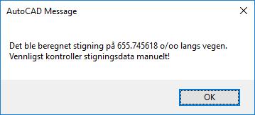 Så må vi velge senterlinja til vegen og i dialogen som kommer da, kan vi trykke «Beregn stigning» for å beregne stigningen på nytt i henhold til det korrigerte terrenget.