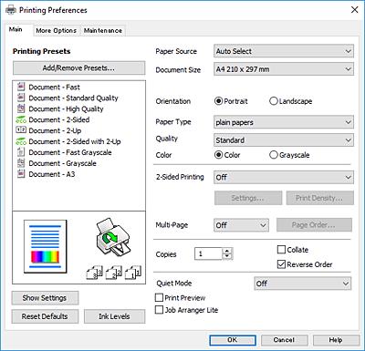 Utskrifter Grunnleggende om utskrift Windows Se den elektroniske hjelpen for forklaringer av innstillingselementene. Høyreklikk på et element og klikk deretter på Hjelp.