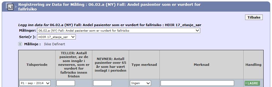 VII. Dataregistrering 2. Fyll ut feltene og trykk «Lagre». Feltene som fylles ut varierer avhengig av hvilken indikator du skal registrere data på.