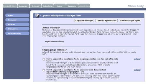 Innsatsområder: 01 Legemidler sykehjem 02 - Trygg kirurgi 03 Hjerneslag 04 Samstemming legemiddellister 05 - Urinveisinfeksjon 06 Fall 07 Sentralt venekateter 08 Legemidler hjemmetjenesten