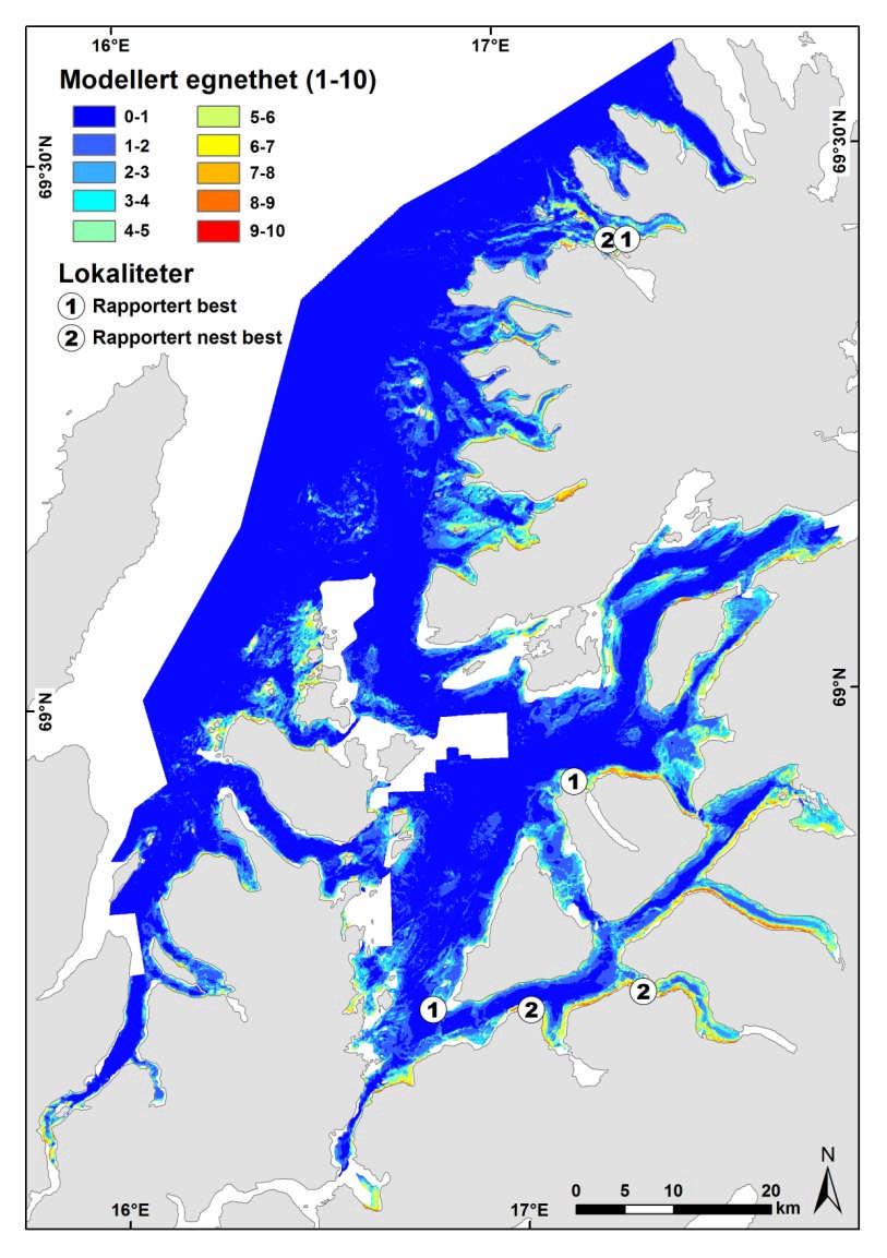 Tabell 5. Maxents rangering av 7 utvalgte miljøvariabler ved modellering av de 6 lokalitetene rapportert som best og nest best. En romlig visualisering av modellresultatet er vist i Figur 6.