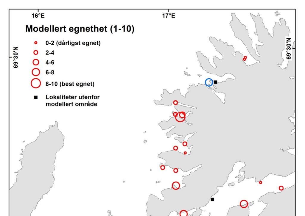 F SENJA ANDØYA Harstad HINNØYA Figur 7. Alle oppdrettslokaliteter klassifisert i henhold til resultatet av Maxent-modellering av 6 rapporterte beste/nest beste lokaliteter (blå).