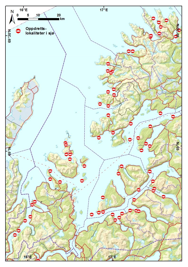 SENJA ANDØYA Harstad HINNØYA Figur 5. Oversikt over godkjente oppdrettslokaliteter for laks, ørret og regnbueørret. Data fra Fiskeridirektoratet, juni 20