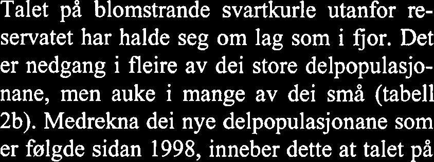 Skjøtselen i dei viktigaste ornråda for svartkurle (delar av Nerlaua-engene og Nilsenga), starta i 1991 og 1993. Talet på blomstrande svartkurle utanfor reservatet har halde seg om lag som i fjor.