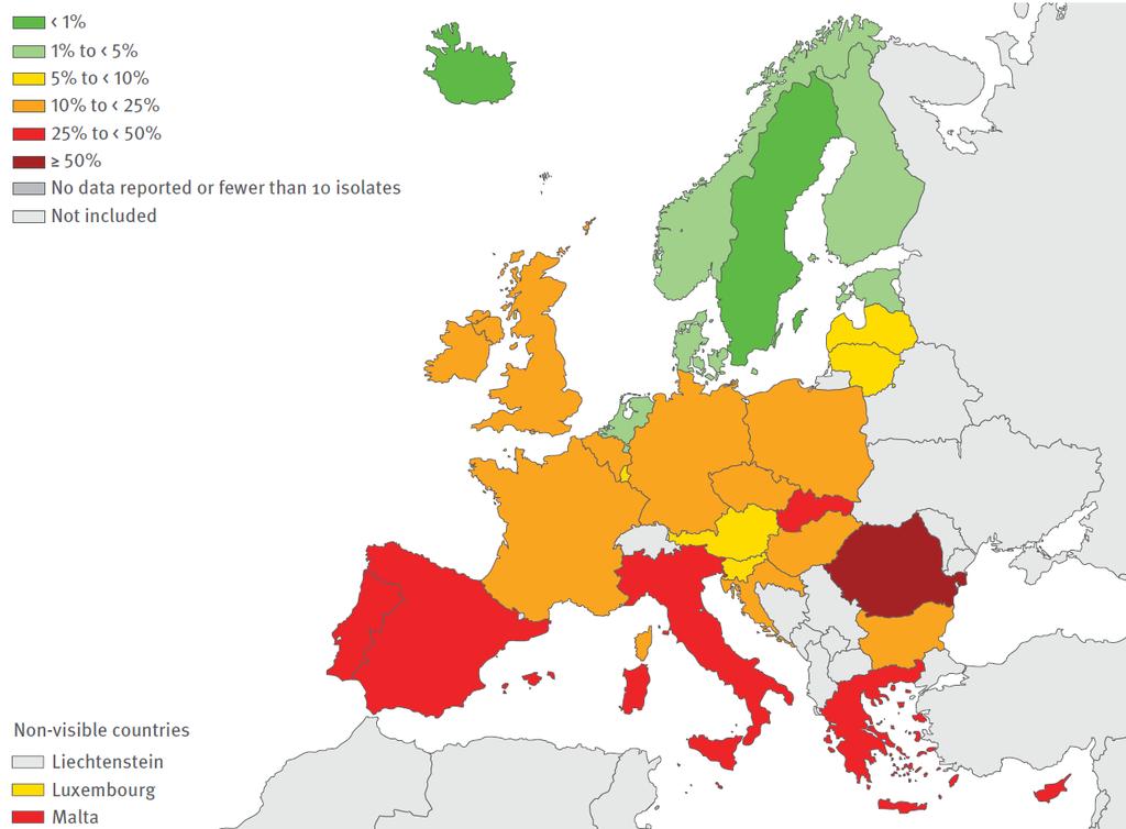 Eksempler på forekomst i Europa Andel MRSA