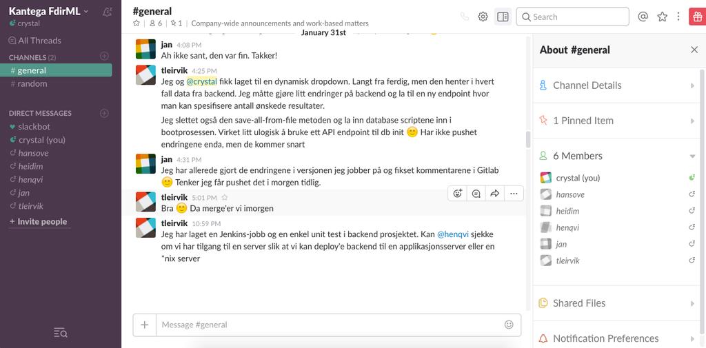 Figur 20 Skjermbilde fra Slack (Bilde tatt 26.04.2017) Mattermost Mattermost er et utvidet Slack-alternativ for digitalt kommunikasjonsverktøy.