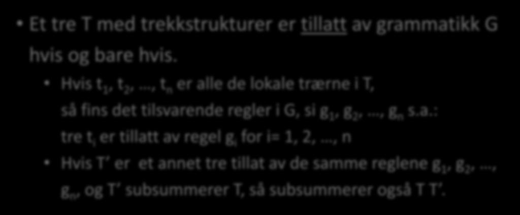 Tolkning av grammatikk Et tre T med trekkstrukturer er tillatt av grammatikk G hvis og bare hvis.