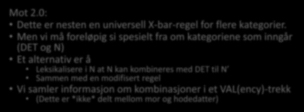 Så langt (v.1.5) Mot 2.0: Dette er nesten en universell X-bar-regel for flere kategorier.