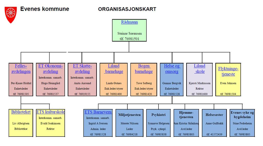 Figur 26 Organisasjonskart Evenes kommune Evenes har en organisering som hovedsakelig består av en to-nivå modell, mens en innenfor fellesavdelingen og helse- og omsorgs delvis har tre-nivåmodell.