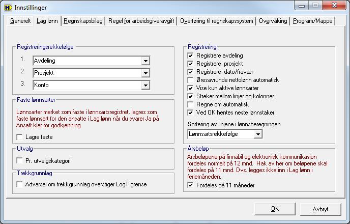 side 2 Innstillinger fordeling årsbeløp Finnes under Arkiv, Innstillinger, skillekortet Lag lønn. Kryss av her om du betaler ut lønn i 11 måneder, og kun feriepenger i juni. Dette er det mest vanlige.